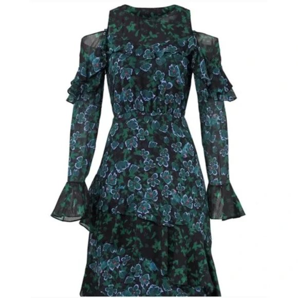 Tanya Taylor Green Floral Althea Silk Ruffle Midi Cold Shoulder Dress whimsigoth - Picture 3 of 13